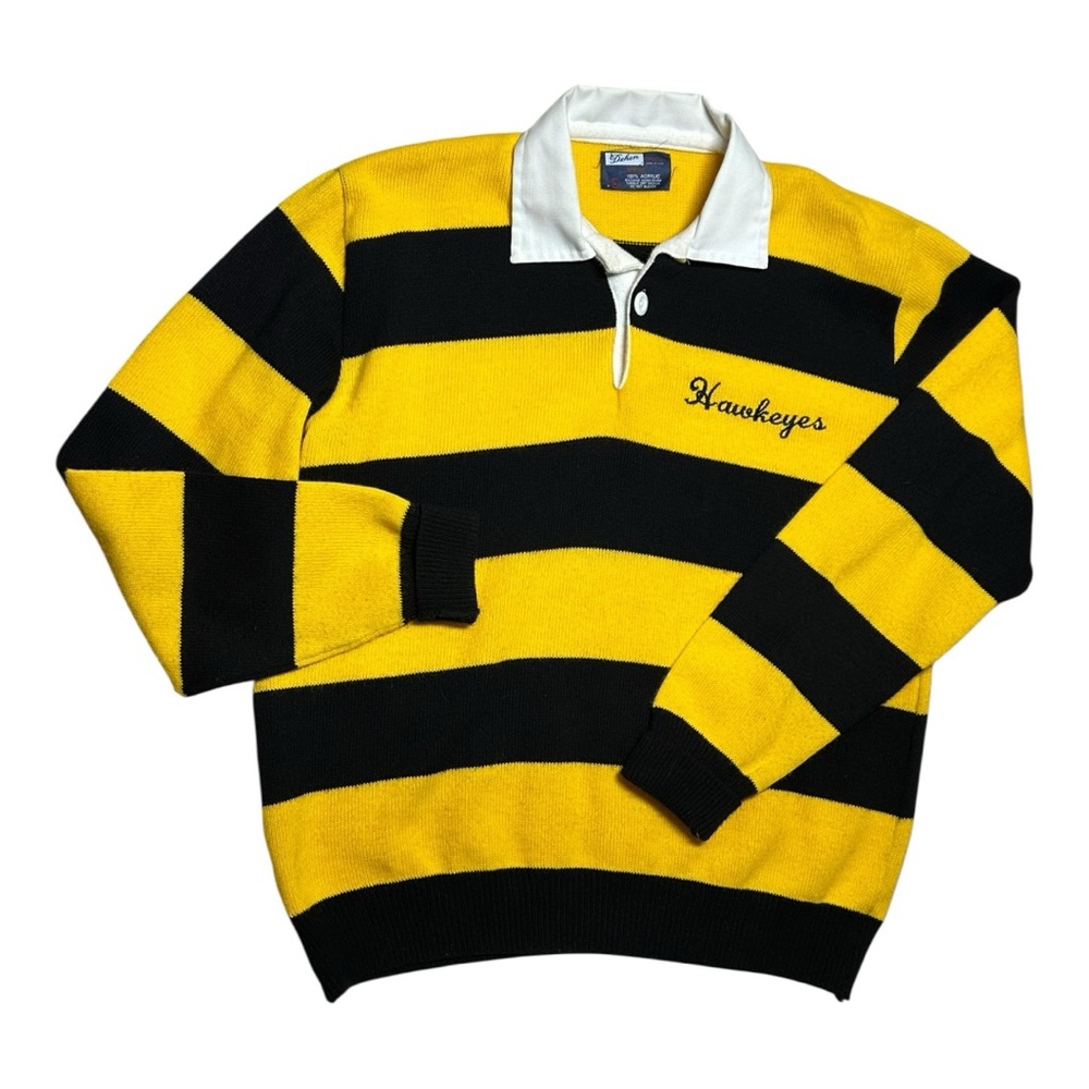 Dehen Vintage Iowa Hawkeyes Varsity Sweater Men's XL Black & Gold Stripes Collar
